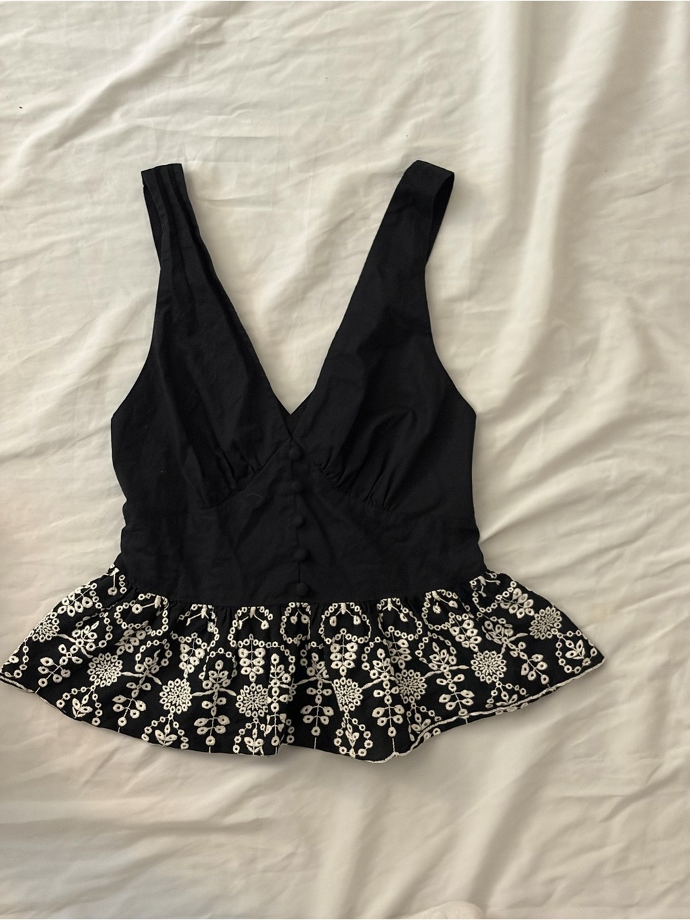 Express Black V-Neck Peplum Tank with White Embroidered Hem